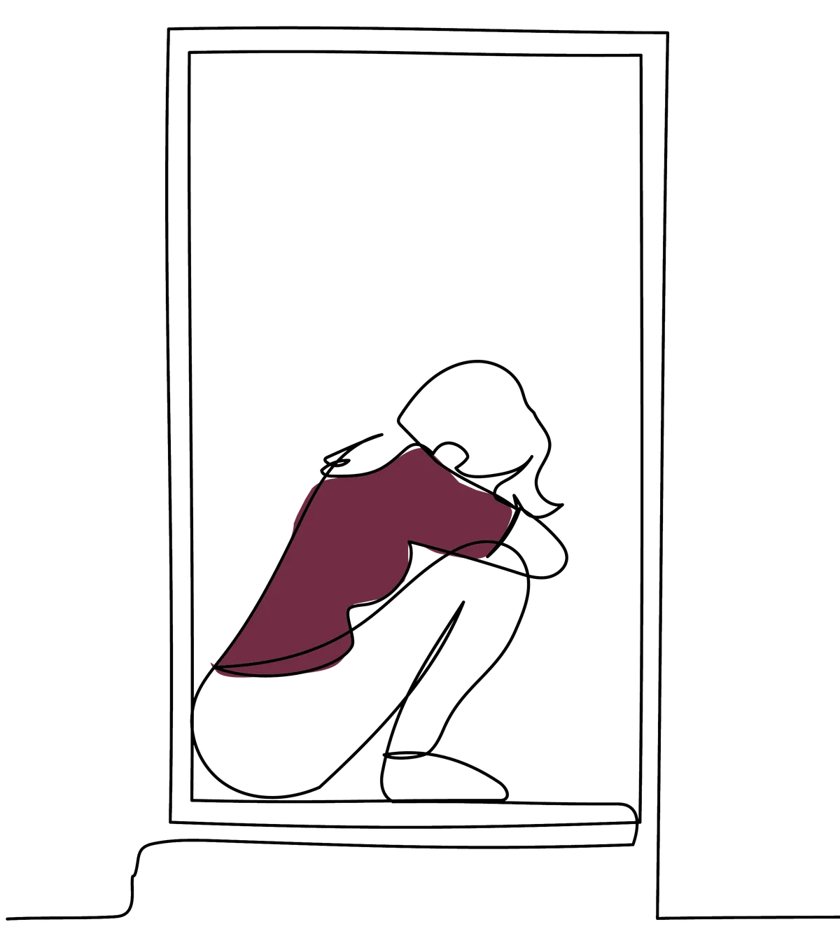 Line drawing of a person curled up on a window ledge, head down